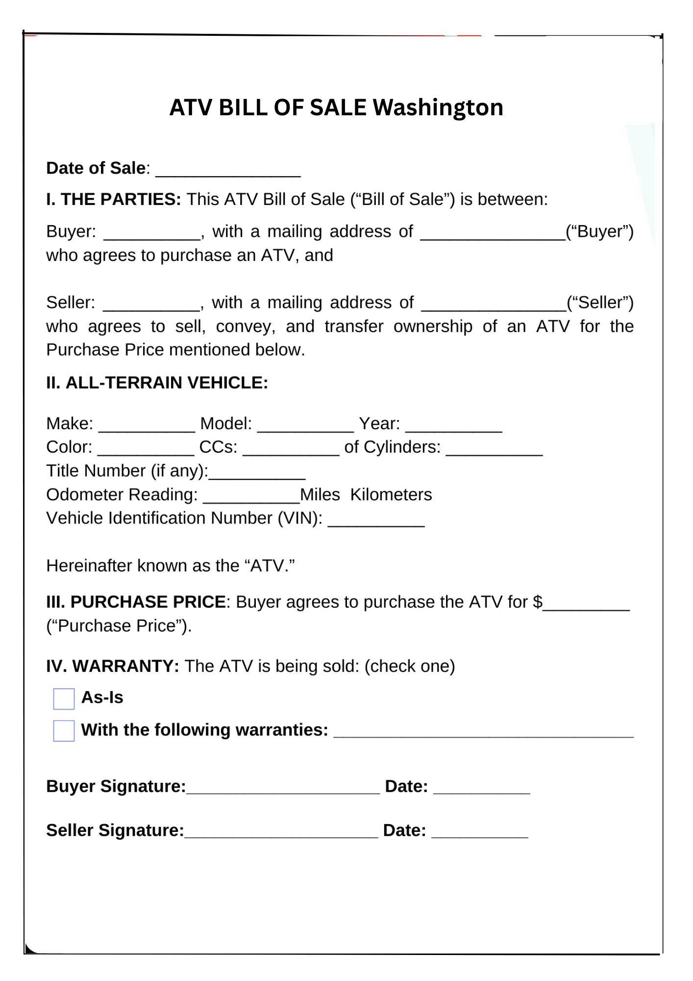 Washington Bill of Sale PDF Downloads