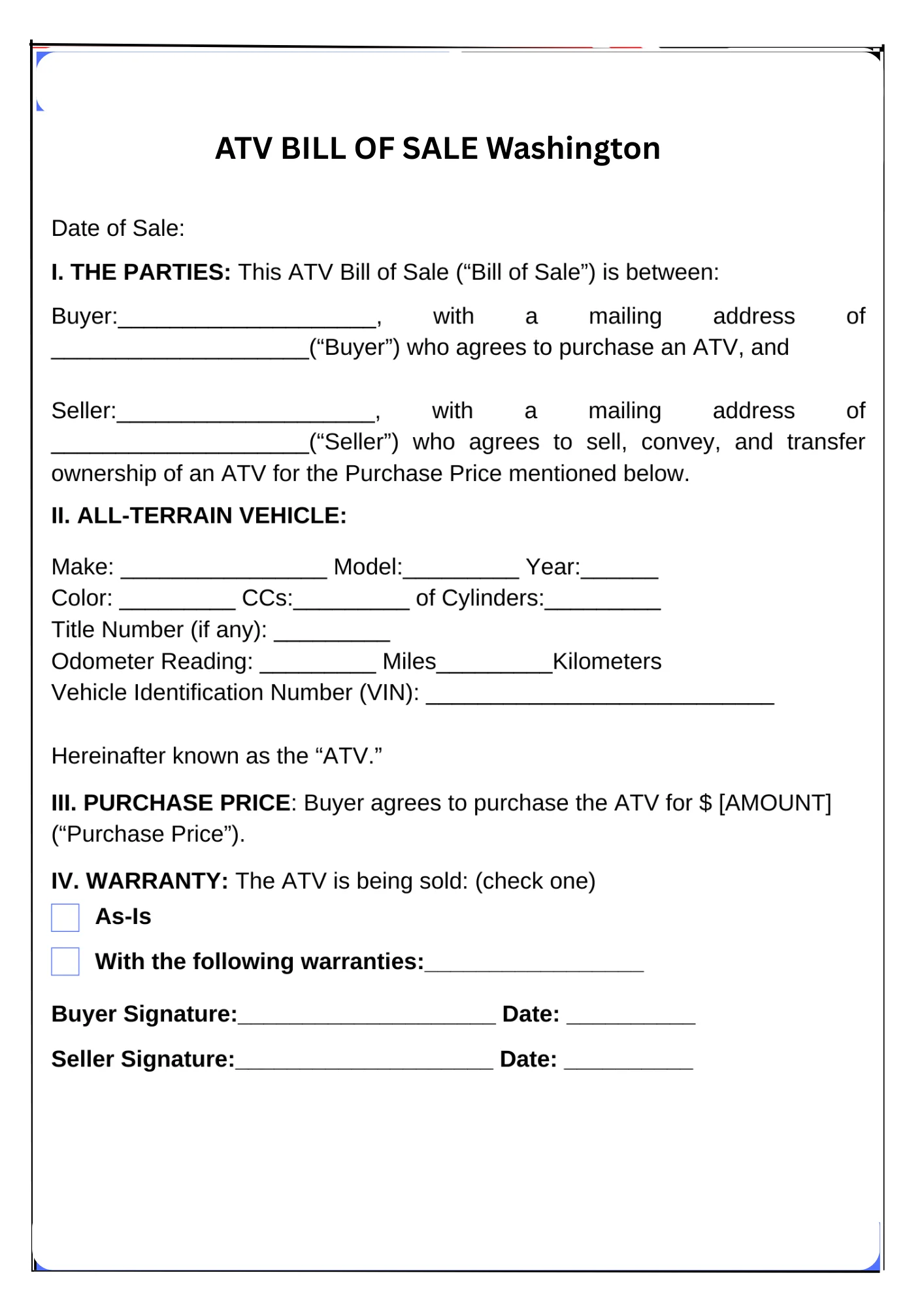 Washington Bill of Sale PDF Downloads