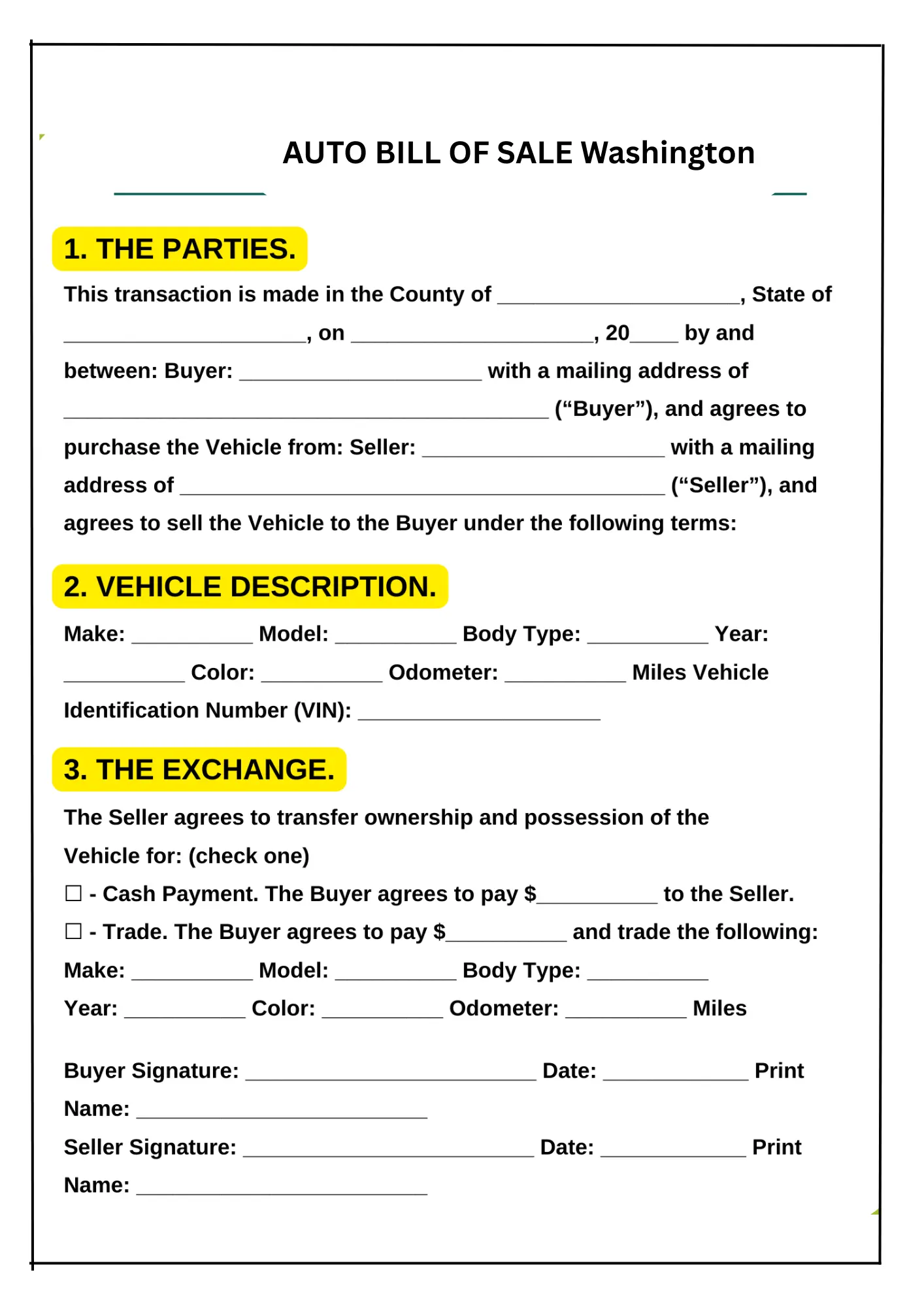 Washington Bill of Sale PDF Downloads