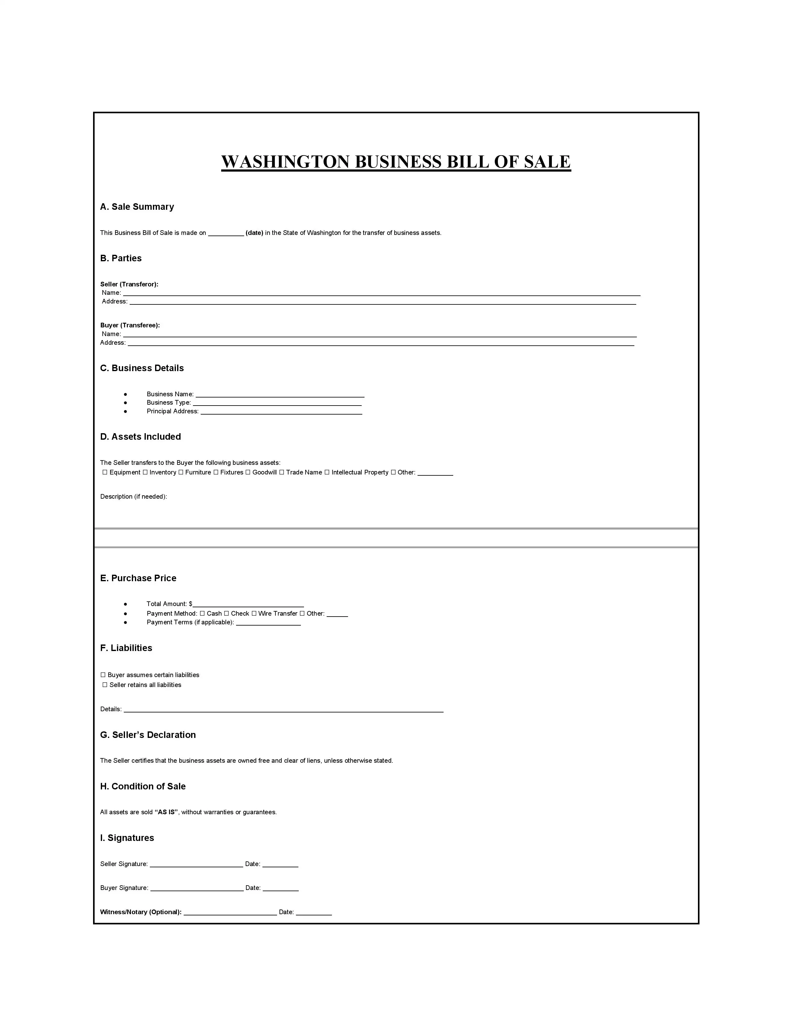 Washington Bill of Sale PDF Downloads