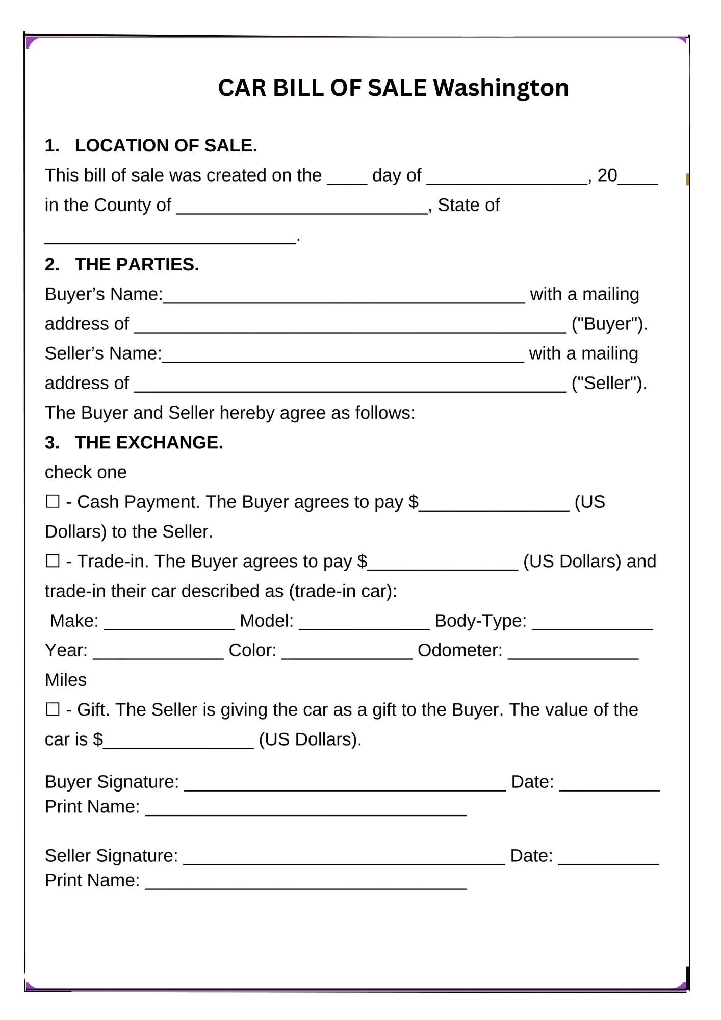 Washington Bill of Sale PDF Downloads