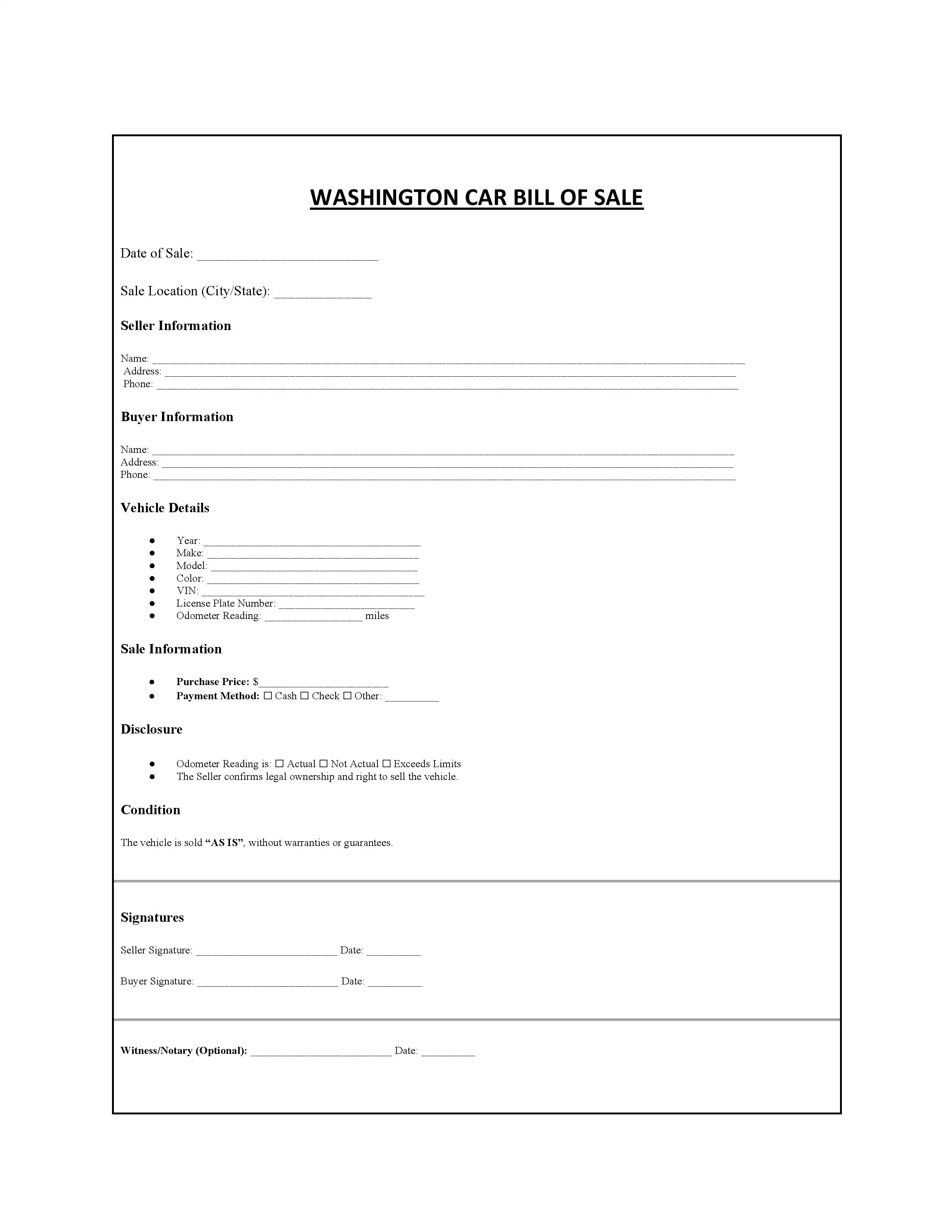 Washington Bill of Sale PDF Downloads