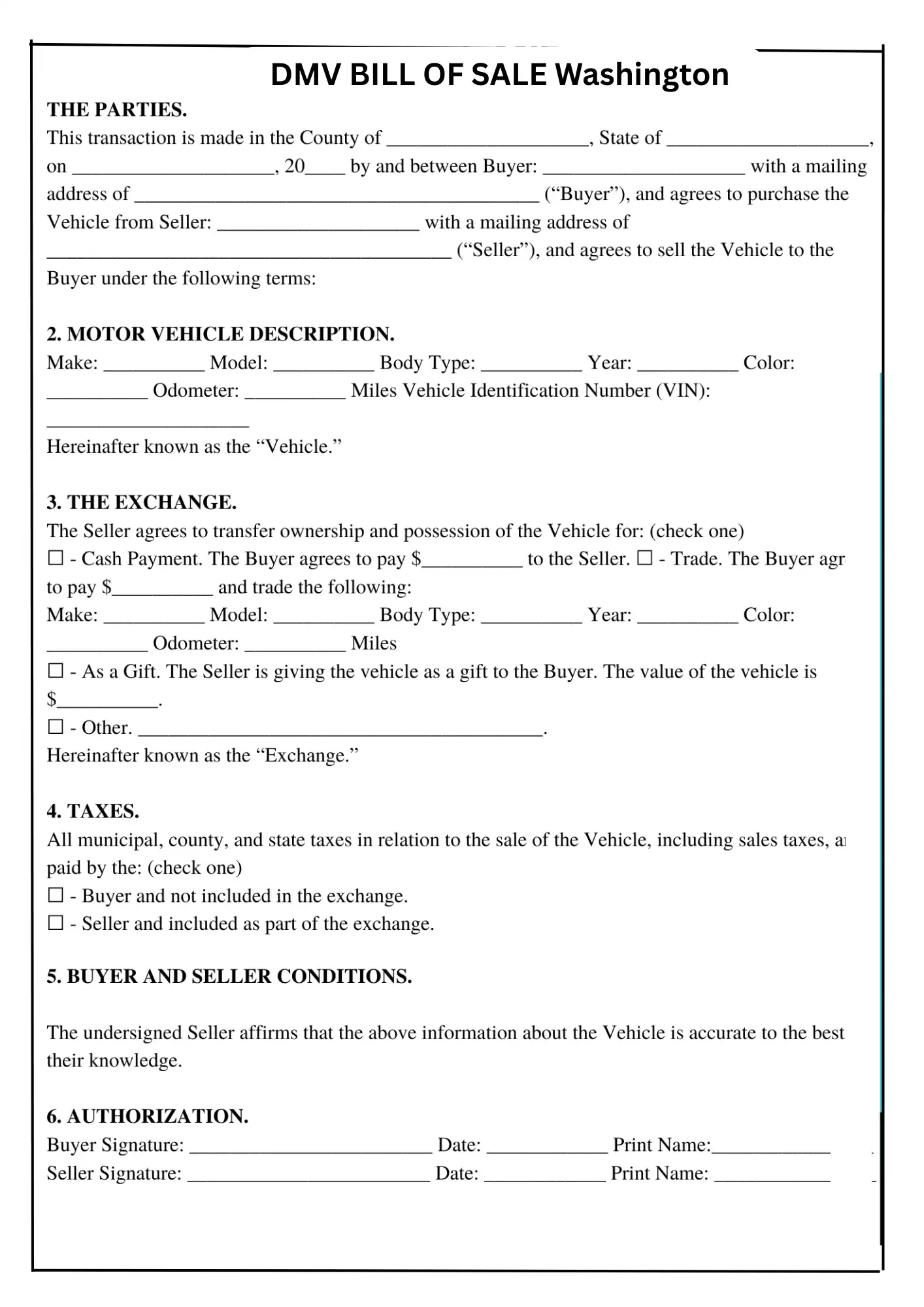 Washington Bill of Sale PDF Downloads