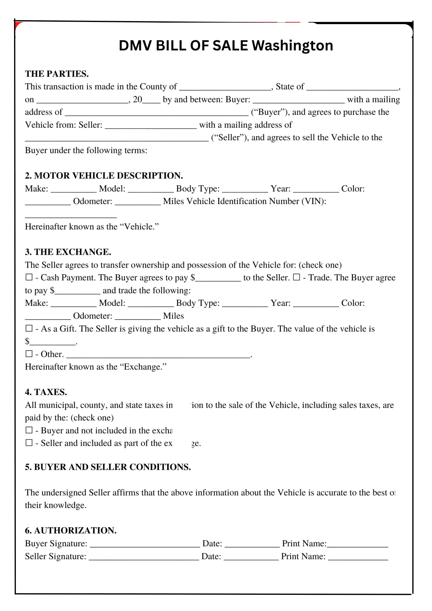 Washington Bill of Sale PDF Downloads