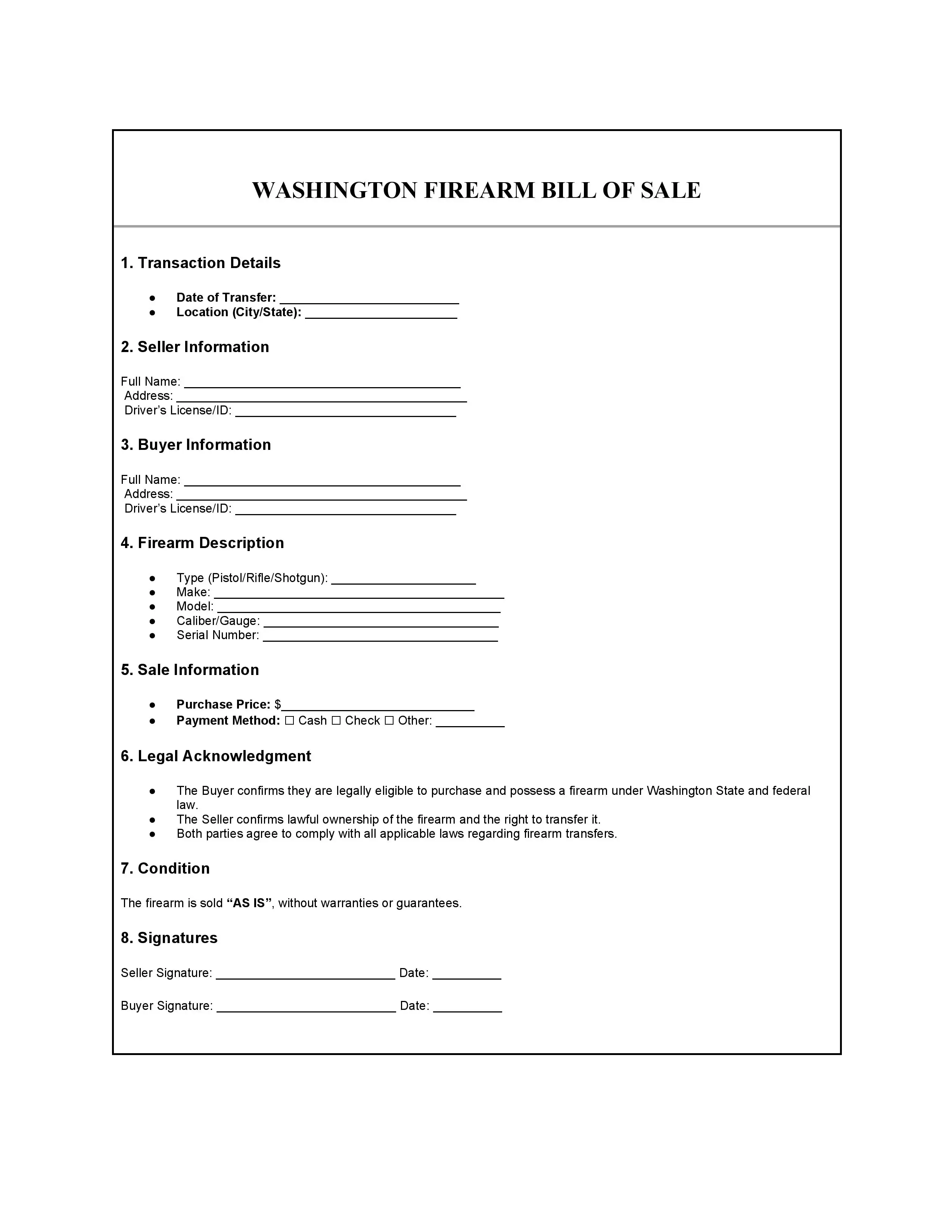 Washington Bill of Sale PDF Downloads