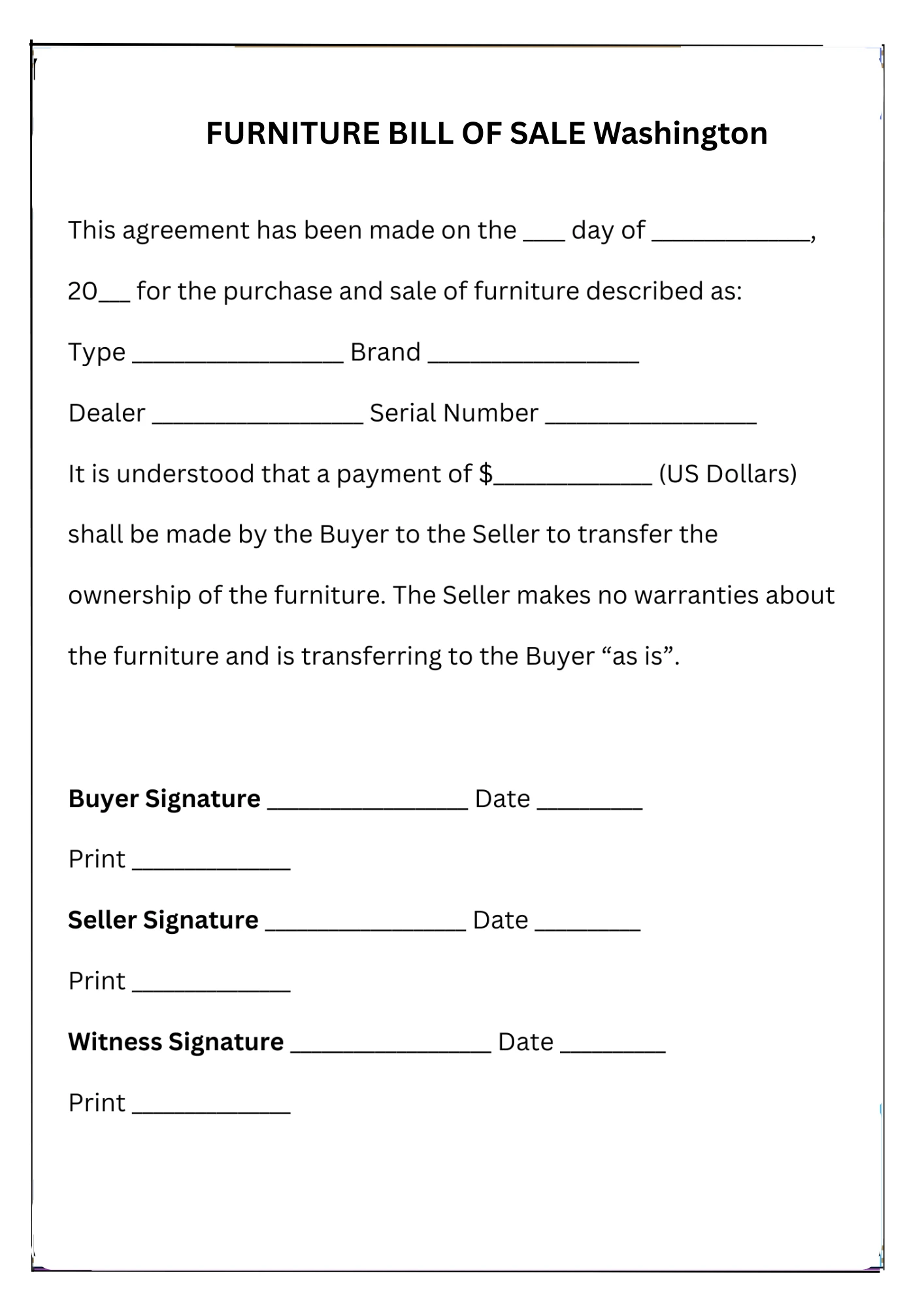 Washington Bill of Sale PDF Downloads