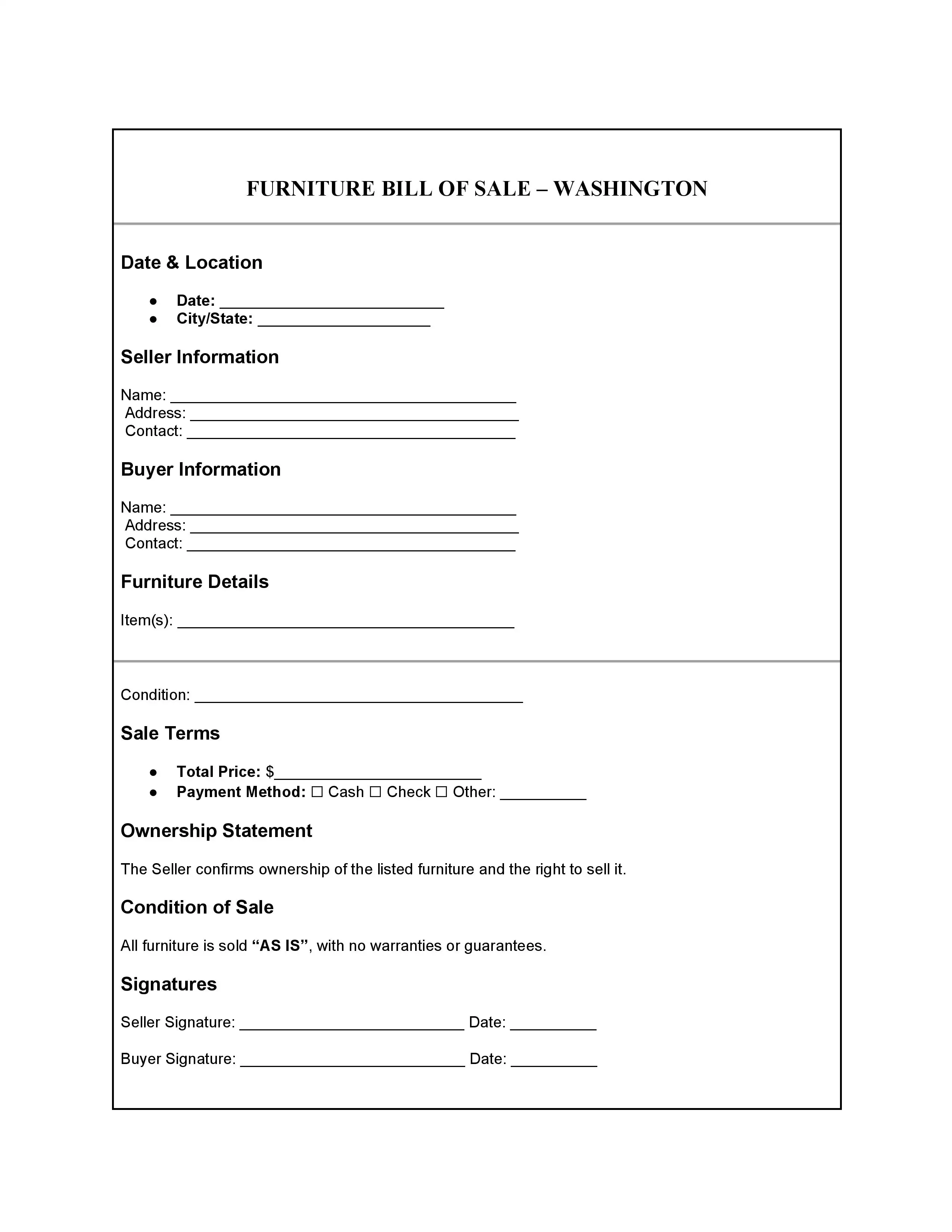 Washington Bill of Sale PDF Downloads