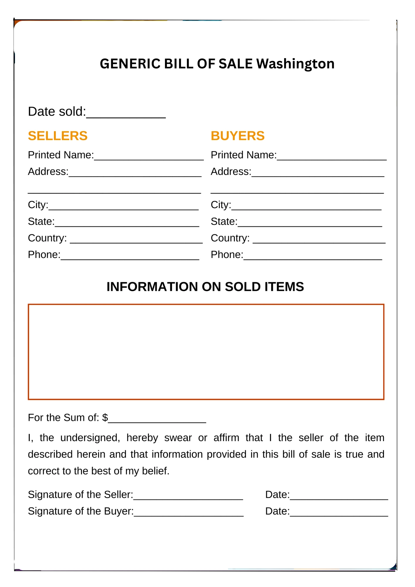 Washington Bill of Sale PDF Downloads