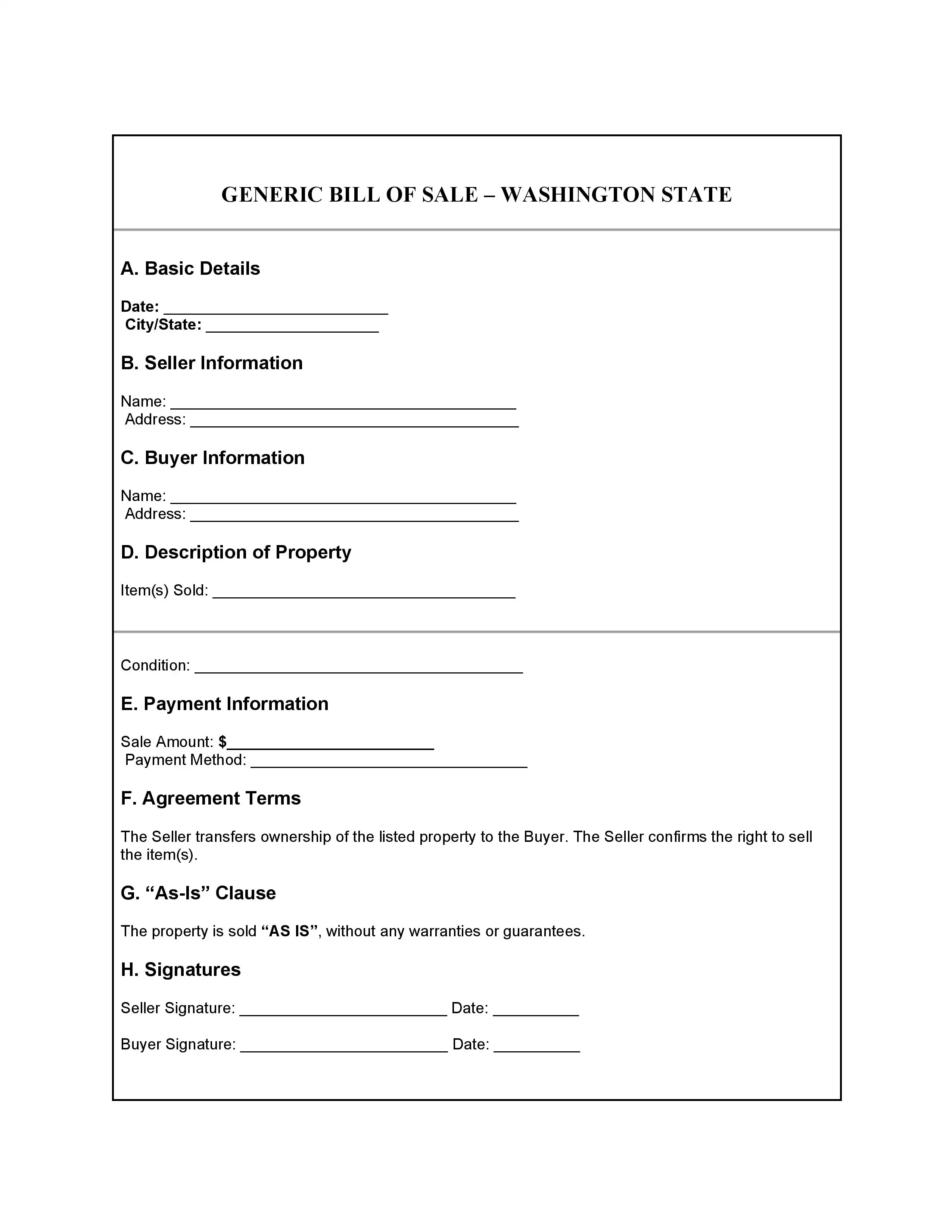 Washington Bill of Sale PDF Downloads