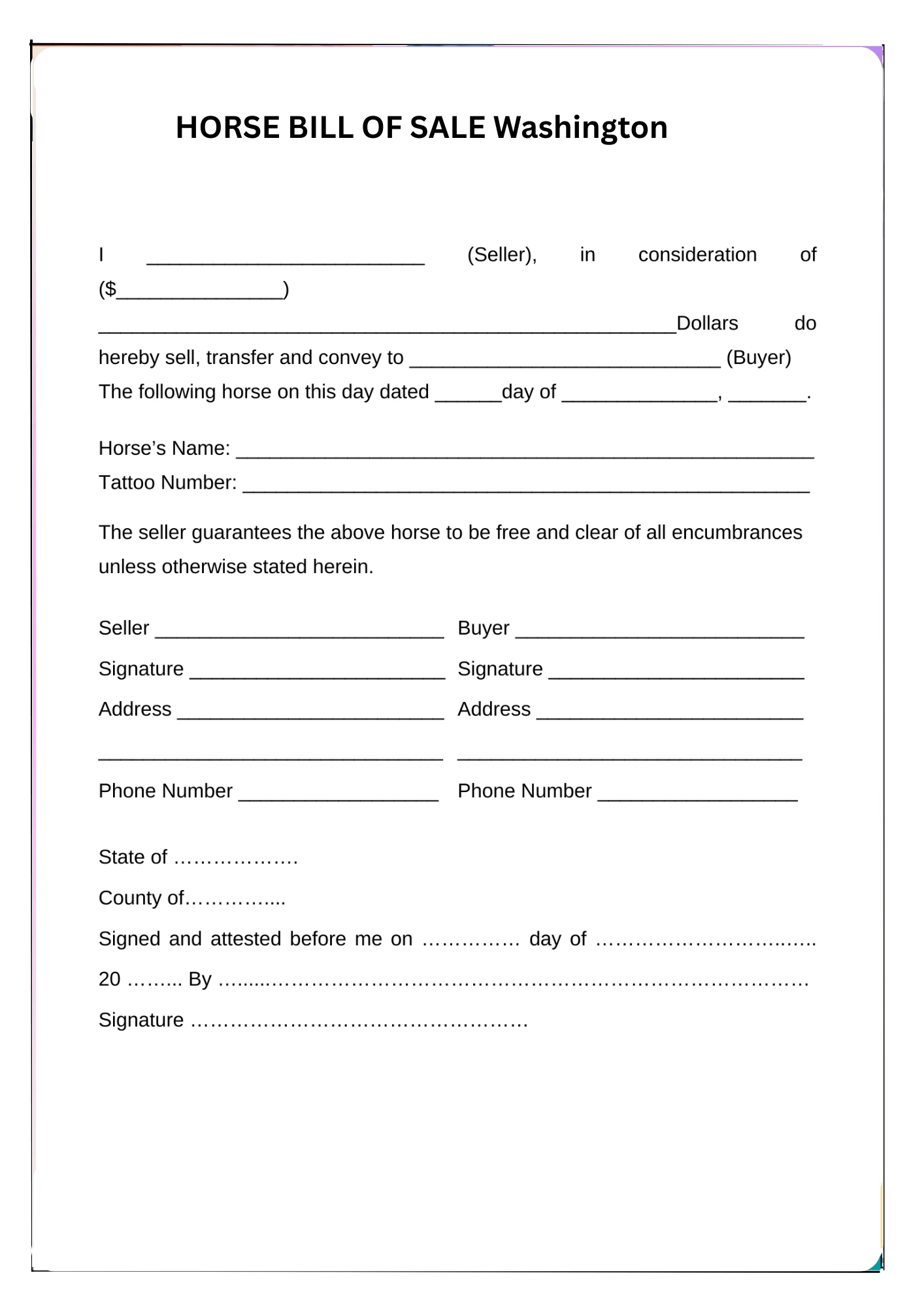 Washington Bill of Sale PDF Downloads