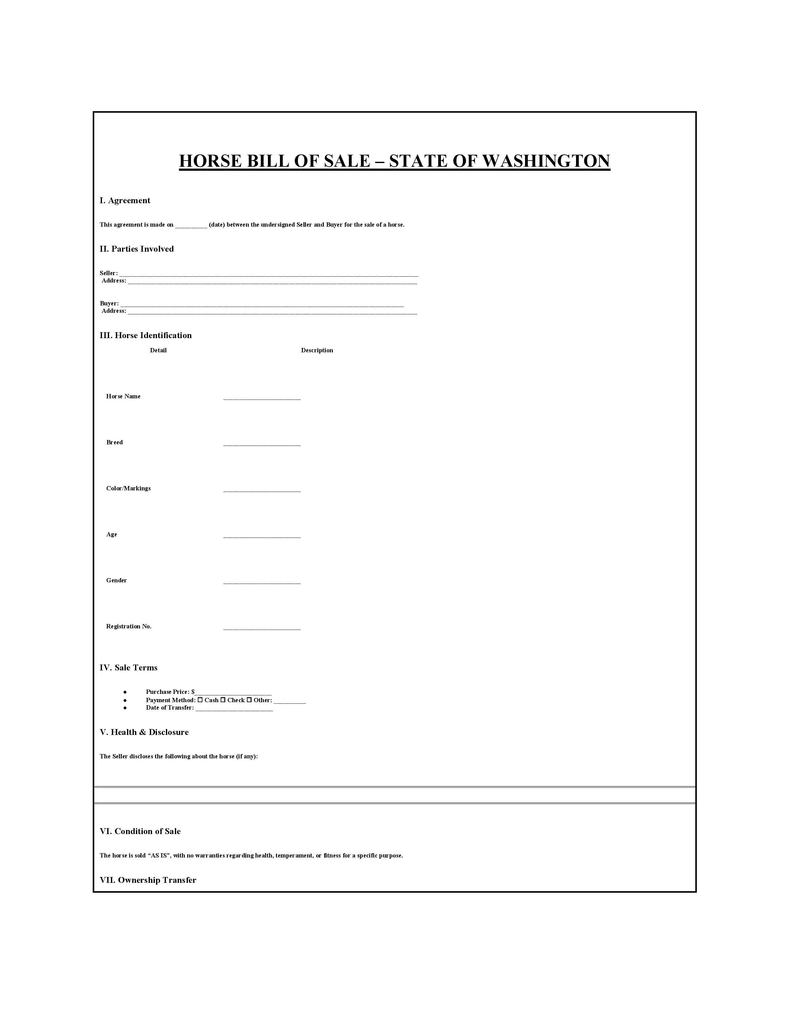 Washington Bill of Sale PDF Downloads