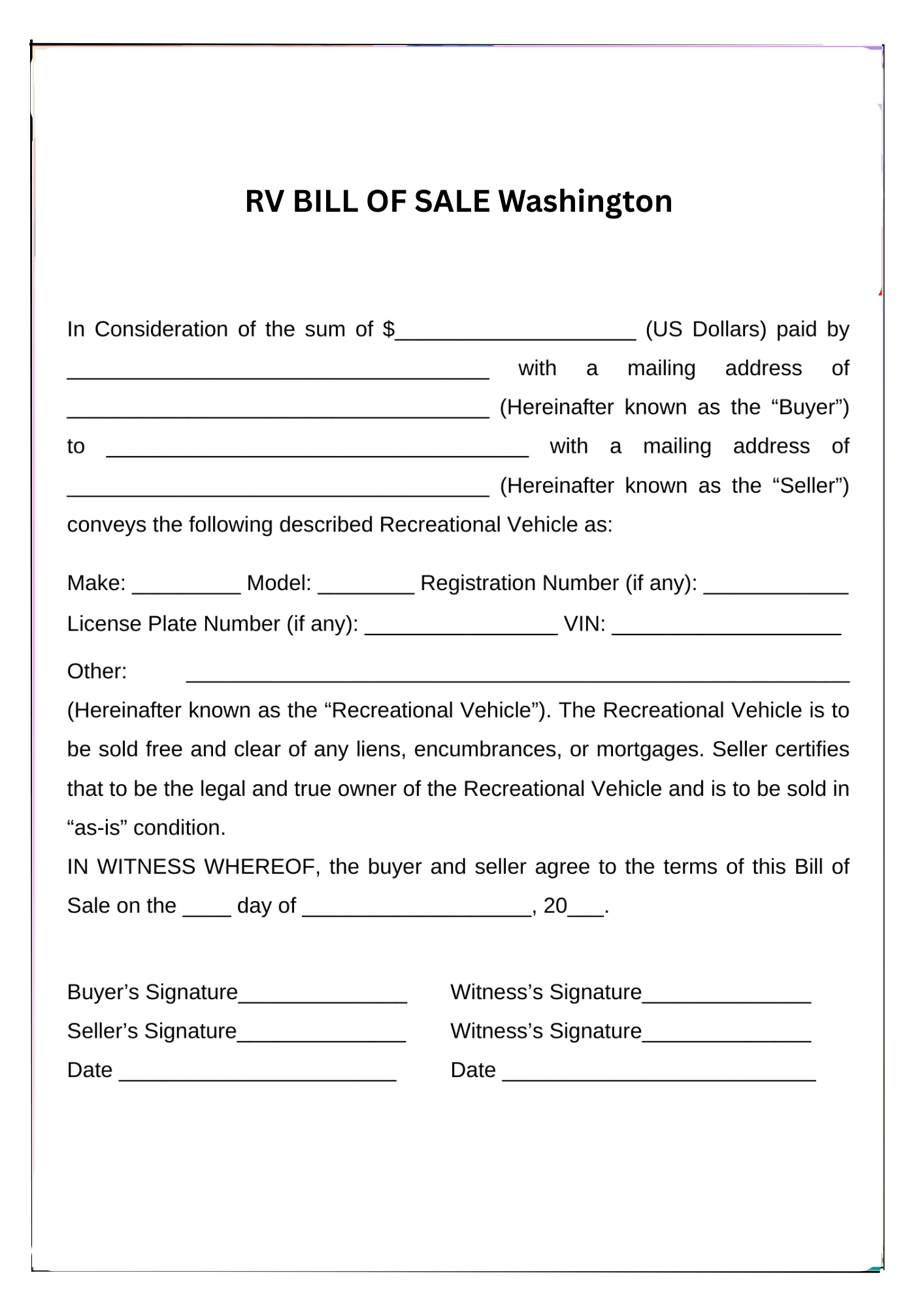 Washington Bill of Sale PDF Downloads