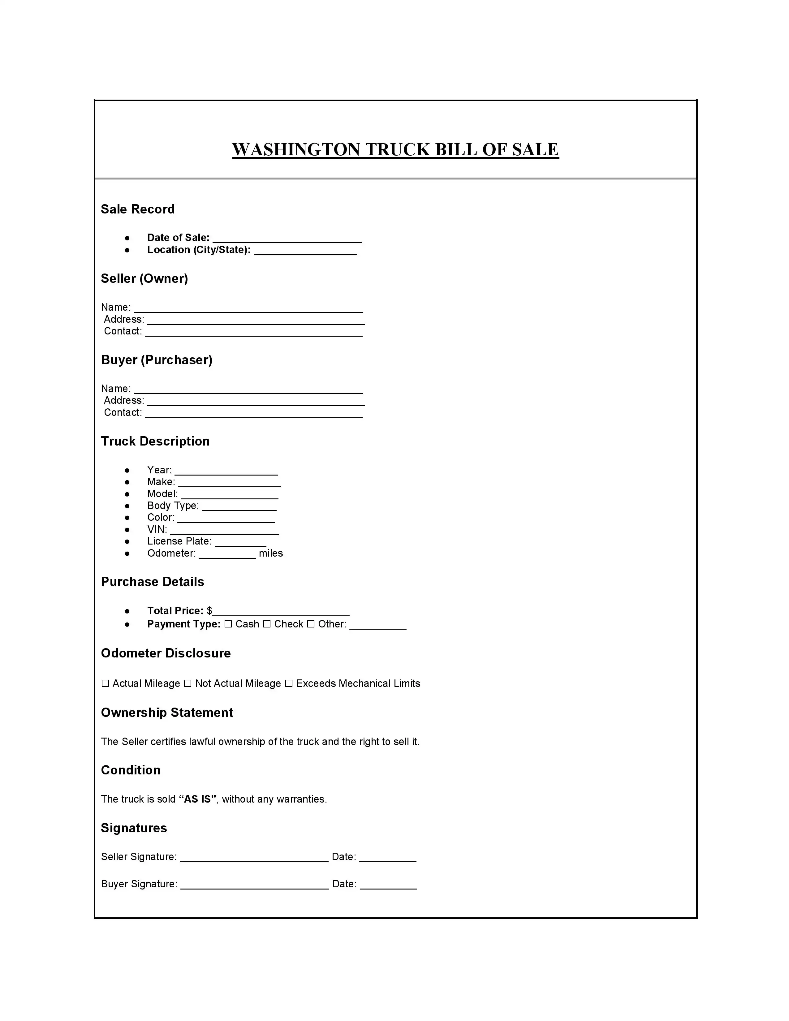 Washington Bill of Sale PDF Downloads
