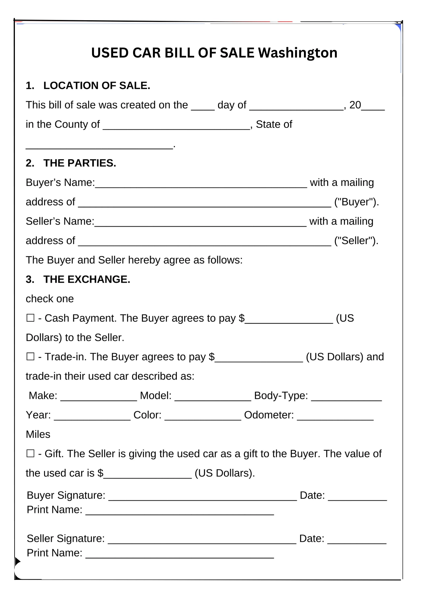Washington Bill of Sale PDF Downloads