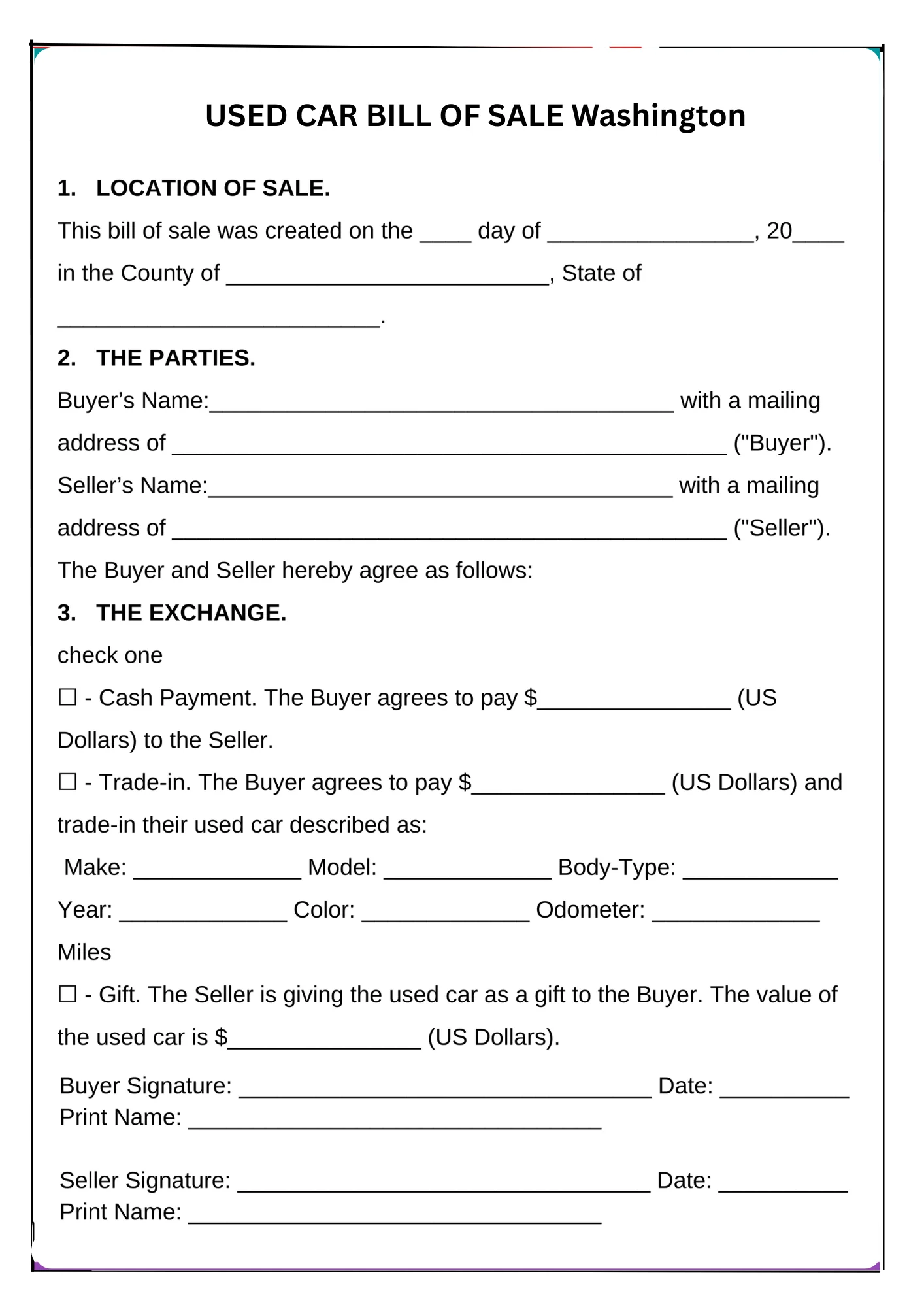 Washington Bill of Sale PDF Downloads